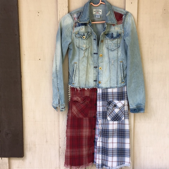 Upcycled Ralph Lauren polo long patched plaid boho jean jacket 100% cotton